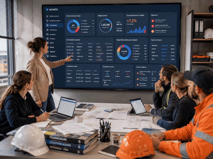 Tableau de bord ERP No-Code BTP affichant une vision complète du portefeuille chantier avec avancement, marges, alertes, planning et carte des projets