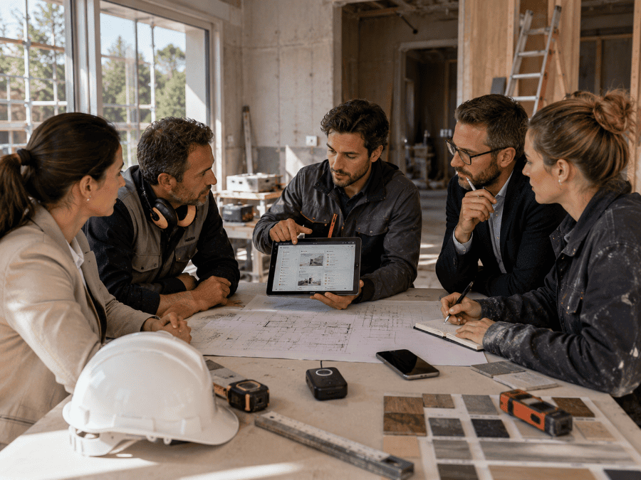 Réunion de chantier enregistrée avec Plaud, autour de plans et d’une tablette ERP No-Code BTP générant automatiquement un compte-rendu structuré par IA.