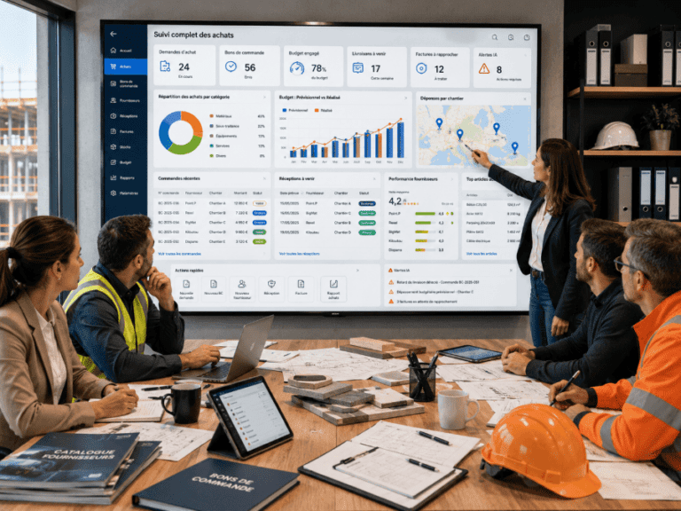 interface ERP No-Code BTP moderne et crédible, design clair, widgets KPI visibles mais sans texte illisible :